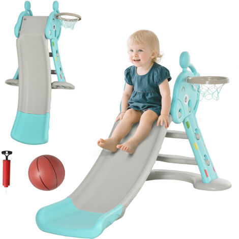 Tobogán Infantil Plegable con Canasta de Baloncesto para Niños +18 Meses Parque Interiores y Exteriores Accesorios Incluidos Azul y Gris