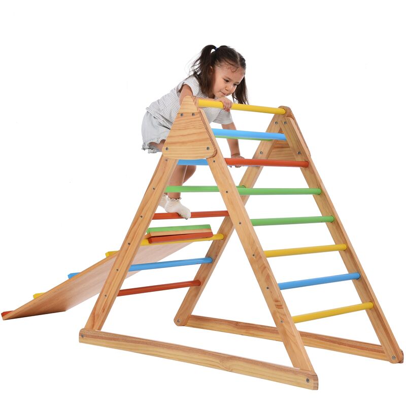 Toboggan 4 en 1, Aire de Jeux Intérieur avec triangle d'escalade en bois, Salle de gym, pour enfants 3 ans+, Naturel et Coloré
