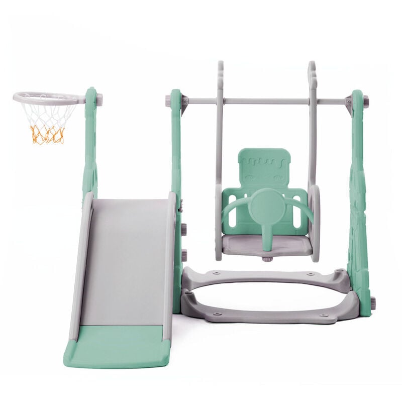 Toboggan 4-en-1 pour enfants, toboggan d'intérieur et balançoire avec support de basket-ball, échelle d'escalade, balançoire, cadre à bascule,