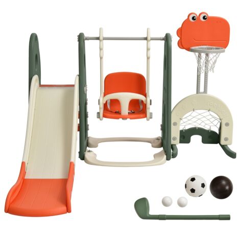 Toboggan 6 en 1 Balançoire Basket-ball Football Escalade Golf Enfants 18 Mois Aire de Jeux HDPE Orange CW77172