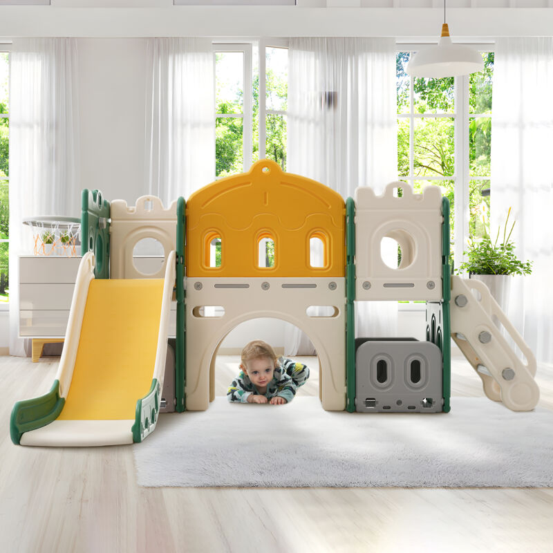 Hauss Spole - Cadeau de Noël Toboggan 6 en 1 enfants avec Glissière, Escalade, Forage, Cadre De Basket, hdpe, vert