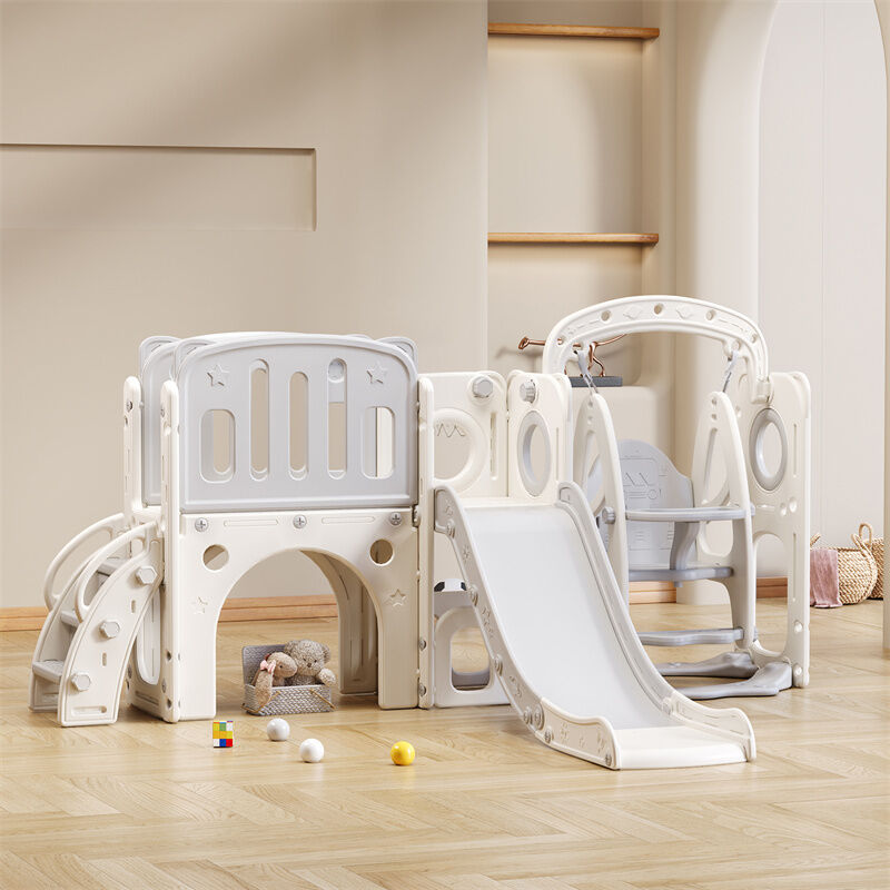 Fortuna Lai - Toboggan 7 en 1 pour enfant, avec balançoire, plate-forme, zone de rangement, arcade, panier de basket, escalier, pehd, gris+blanc