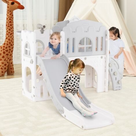 Toboggan 9 en 1 pour Tout-petits en Forme de L et Ensemble D'escalade avec Panier de Basket Télescope Volant Allée Tunnel pour 1+ An Blanc