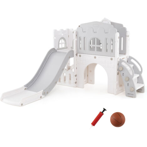 Toboggan 9 en 1 pour Tout-petits, Toboggan en Forme de L et Ensemble d'Escalade avec Panier de Basket, Télescope, Volant, Allée, Blanc + Gris