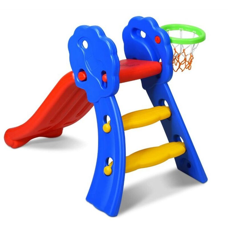 Toboggan Aire de Jeux pour Enfants, Aire de Jeux avec Panier de Basket, Toboggan Extérieur et à l’Intérieur, pour Enfants 3-8 Ans, 106 x 59 x 77CM