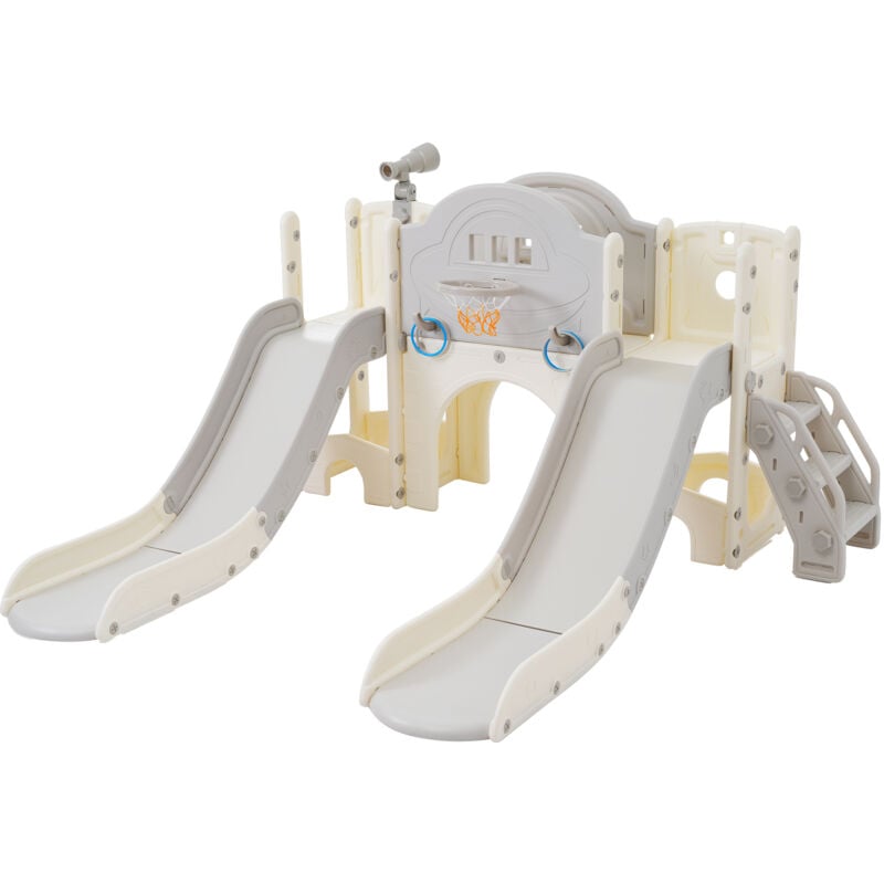 Toboggan d'escalade pour enfants 8 en 1, toboggan multifonction avec 2 toboggans, toboggan autoportant, escalade, jeu de forage, espace de rangement,