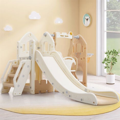 Toboggan en PP 5 en 1 pour enfant 3-8ans, balançoire, toboggan, escalade, espace de rangement, cadre de basket-ball, rose antique