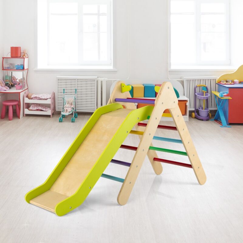 Toboggan Enfant 2 en 1 Triangle Escalade Bois Massif Pente Réglable 1 An Charge 60 kg Multicolore CW15306