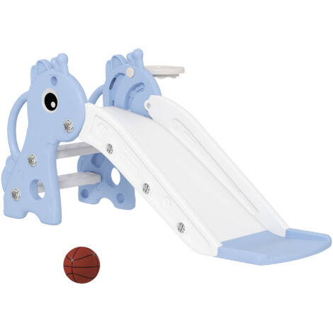 Toboggan enfant 3-en-1 girafe bleu avec panier basket, escalade et ballon, 106x51,5x52 cm