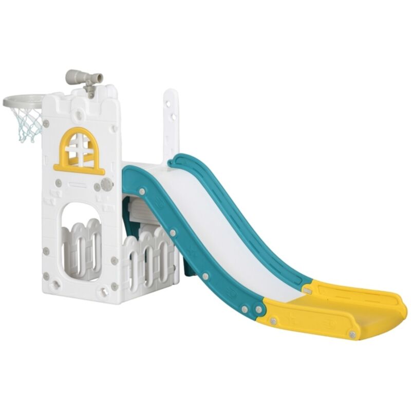 Toboggan enfant 4 en 1 avec panier basket et structure d'escalade télescopique 70x177x92cm jaune - Jeux extérieur