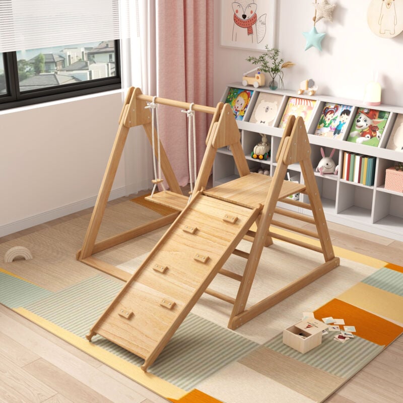 Toboggan enfant avec balançoire 3 en 1, escalade, intérieur, bois, 124x174x110cm, couleur naturelle