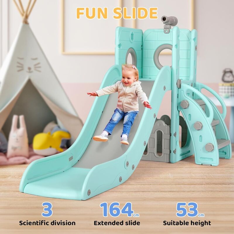 Toboggan Enfant avec Balançoire,Toboggan Bebe avec Balançoire,Télescope, Espace de Rangement, Escaliers, Aire de Jeux Intérieure et Extérieure(Vert)