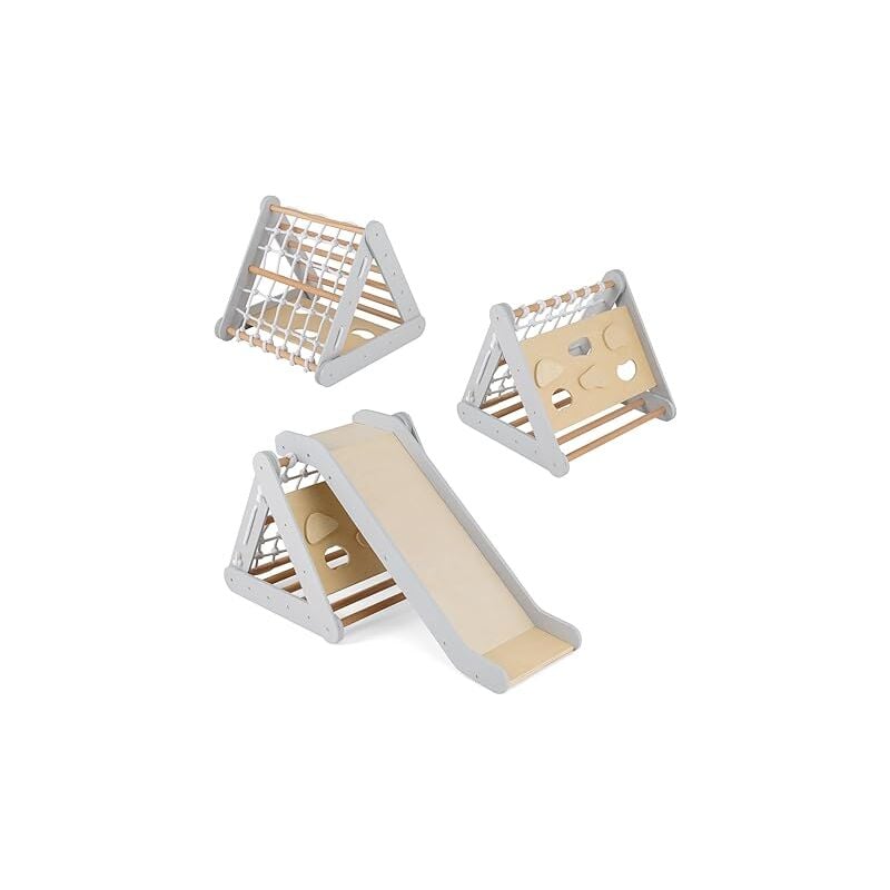 Goplus - Toboggan Enfant avec Triangle Escalade Montessori, Filet à Grimper, Planche et Échelle, Charge 50KG, pour Bébé 1 An+,Gris