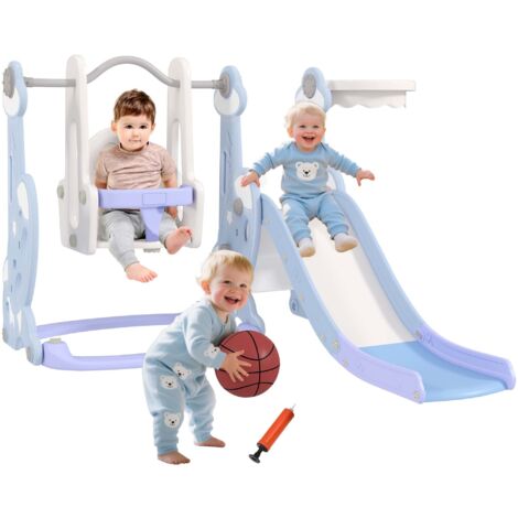 Toboggan et balançoire pour enfants 4 en 1 avec panier de basket et échelle, 147,5 x 160 x 107 cm, bleu clair