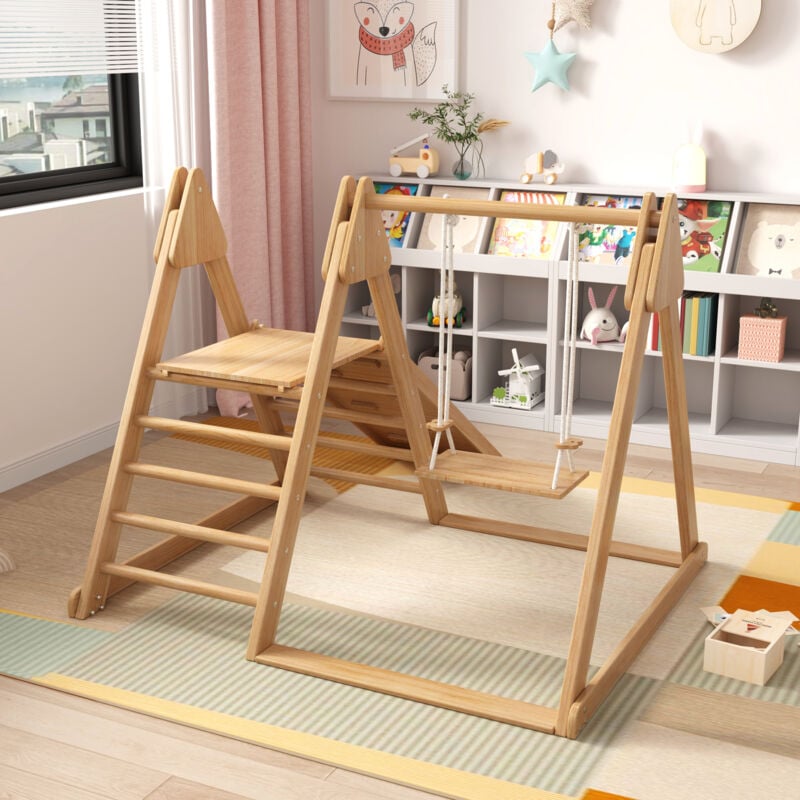 Toboggan 3 en 1 avec portique d'escalade, balançoire, jouet pour enfants en bois, 124x174x110 cm