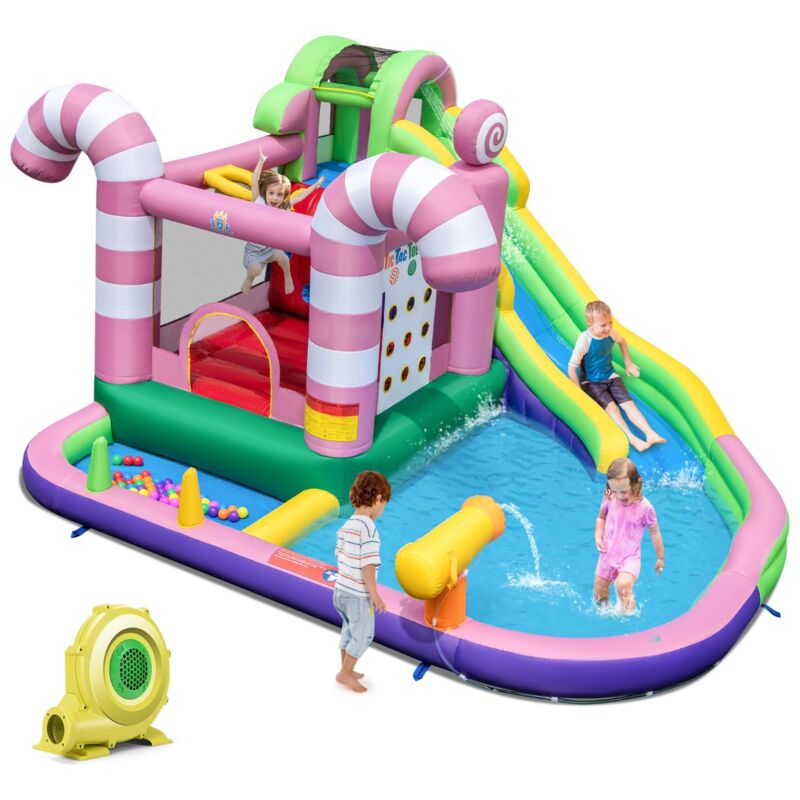 Design In - Toboggan gonflable 9 en 1 Forme Bonbons avec Toboggan Maison de Saut et Pistolet à Eau Charge 90kg pour 2 Enfants 3-10 Ans CW85023