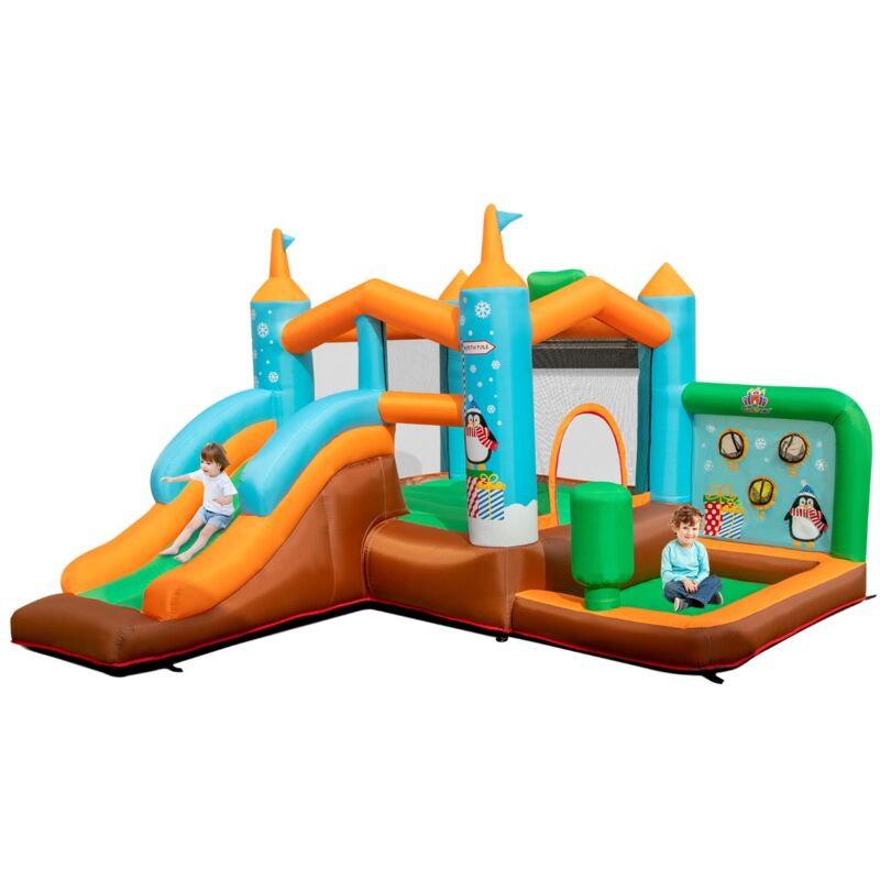 Design In - Toboggan gonflable avec Toboggan pour Enfants 3-12 Ans Aire de Jeux Panier de Basket-Ball Cour Pelouse Charge 90kg