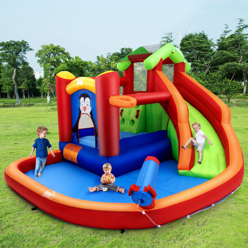 Design In - Toboggan gonflable avec Toboggans Aquatiques Aire de Jeux Gonflable Motif Pingouin Canon à Eau Panier de Basket-ball