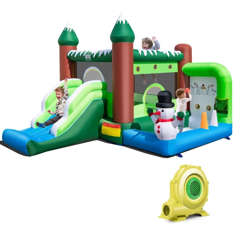 Design In - Toboggan gonflable Thème Hiver avec Toboggan Souffleur 735W et Panier Lancer dAnneaux 3-10 Ans CW24326