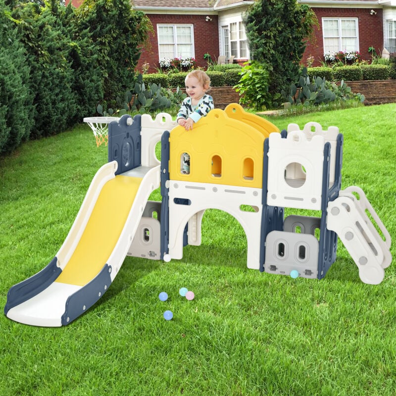 Wishdor - Toboggan pour enfants 6 en 1, château pour enfant, escalade, jeu de forage, cadre de basket, bleu