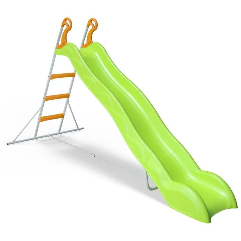 Toboggan LINOU de 2,63m de glisse , coloris vert avec 3 echelons anti-derapants coloris orange, structure metal coloris gris.