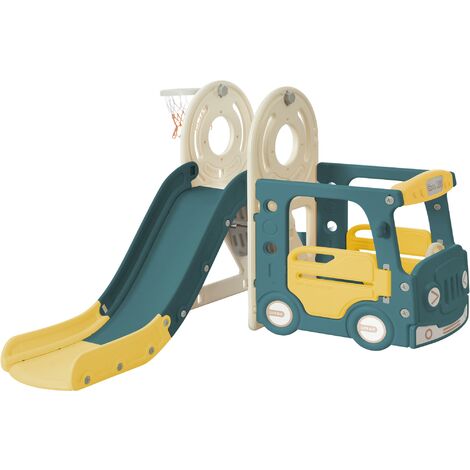 Toboggan pour enfant 4 en 1 - avec bus, toboggan, échelle, panier de basket et basket - Pour intérieur et extérieur - Vert
