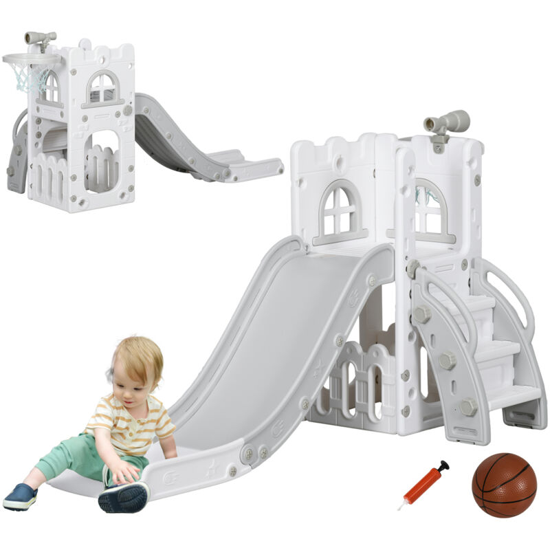 Toboggan pour enfant - AIYAPLAY - 5 en 1 - panier de basket, escalade, télescope et rangement - HDPE - 70x177x92cm - gris