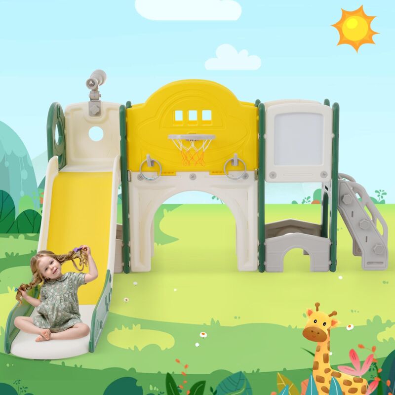 Toboggan pour enfants 10 en 1, avec toboggans séparés, cadre de basket-ball, télescope de jeu, jouet d'escalade, planche à dessin, adapté aux enfants