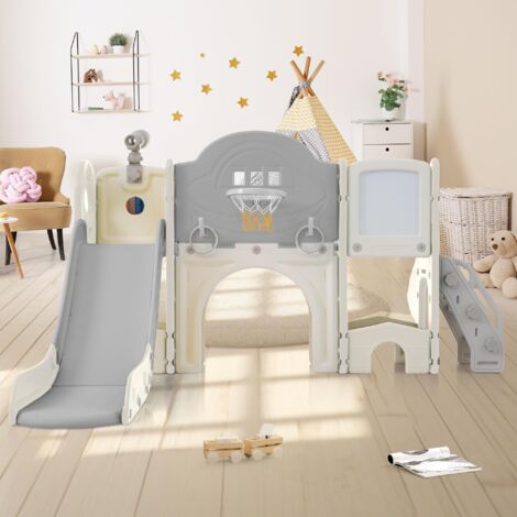 Toboggan Pour Enfant 8 En 1 Pour L'intérieur Et L'extérieur, Tunnel D Arc Panier De Basket Et T Lescopique Double Toboggan