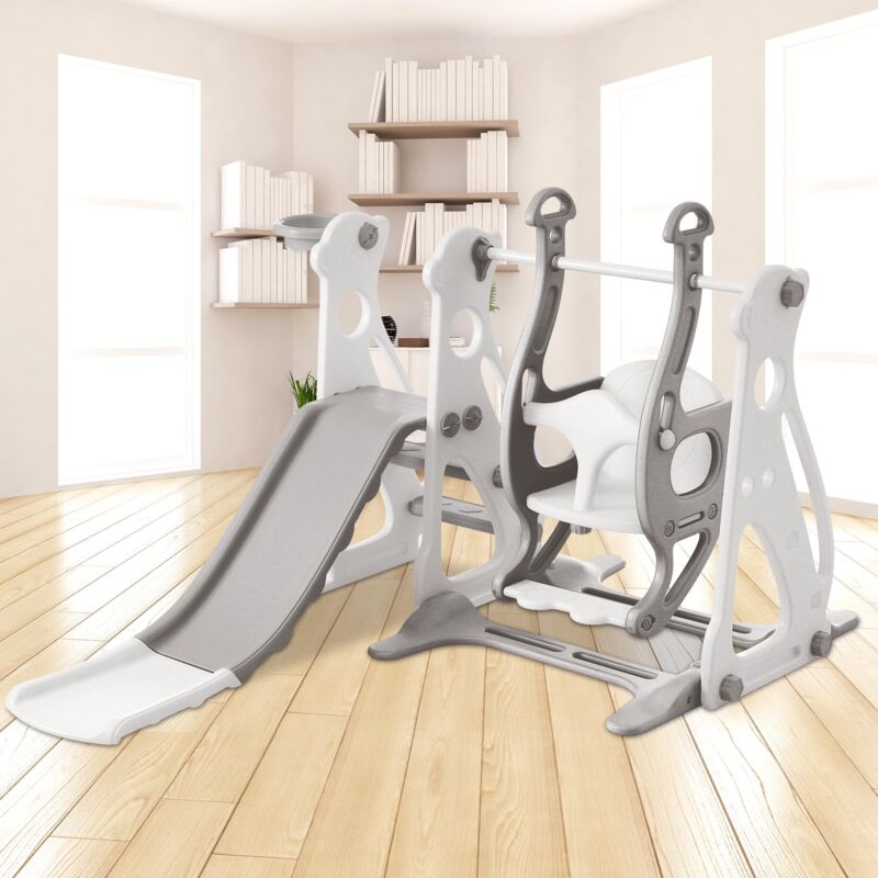 Tanant - Toboggan pour enfants 4 en 1 - avec balançoire, toboggan, cage d'escalier, balançoire, support de basket, hdpe - Blanc + gris