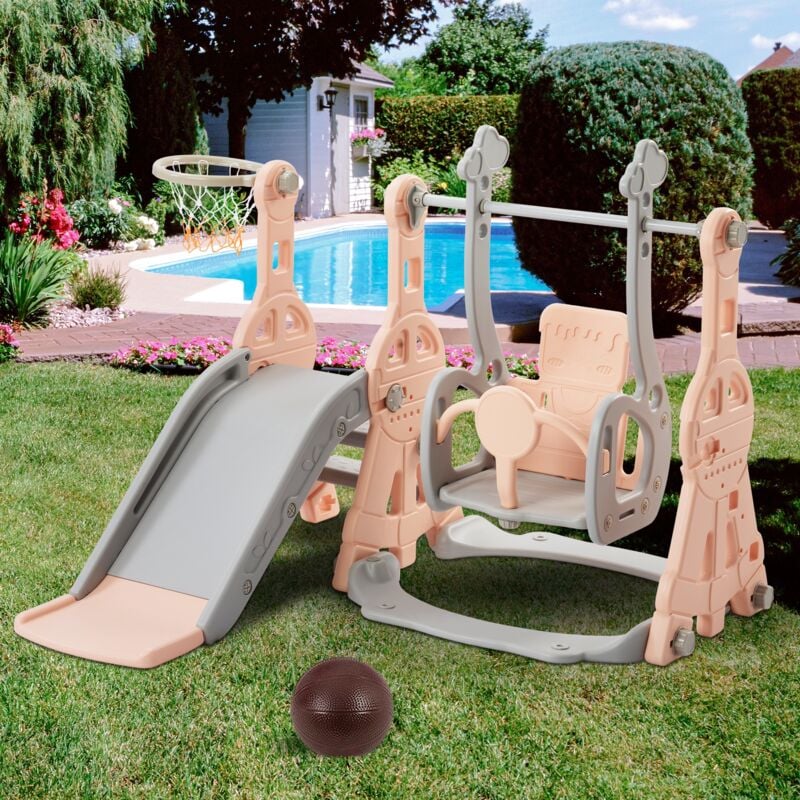 Toboggan pour enfants 4 en 1, balançoire avec support de basket-ball, échelle d'escalade, balançoire, toboggan de jardin intérieur et extérieur - Rose