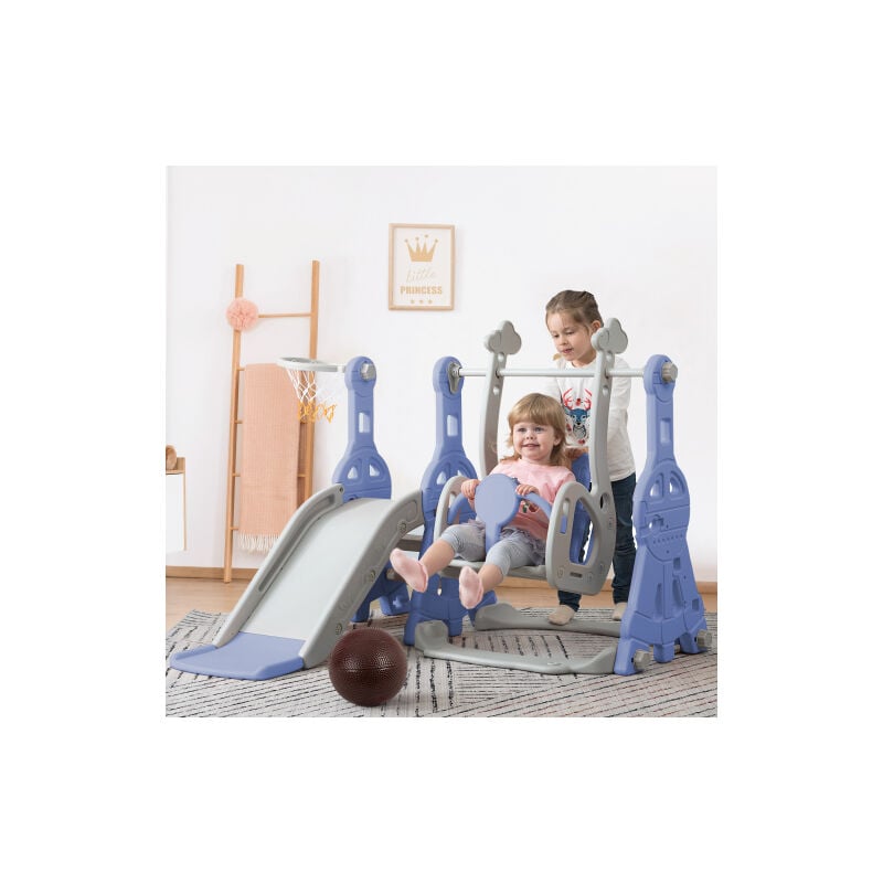 Toboggan pour enfants 4 en 1, balançoire avec support de basket, échelle d'escalade, toboggan pour intérieur et extérieur - bleu