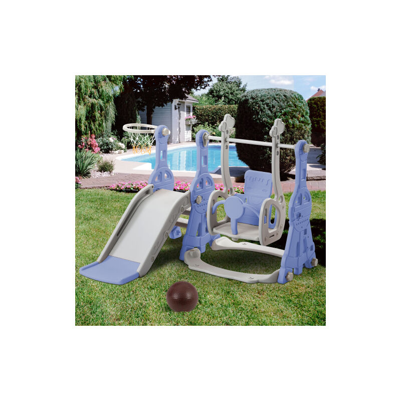 Toboggan pour enfants 4 en 1 - Convient pour l'intérieur et l'extérieur - avec balançoire, panier de basket, toboggan, échelle - Bleu - RWToboggan