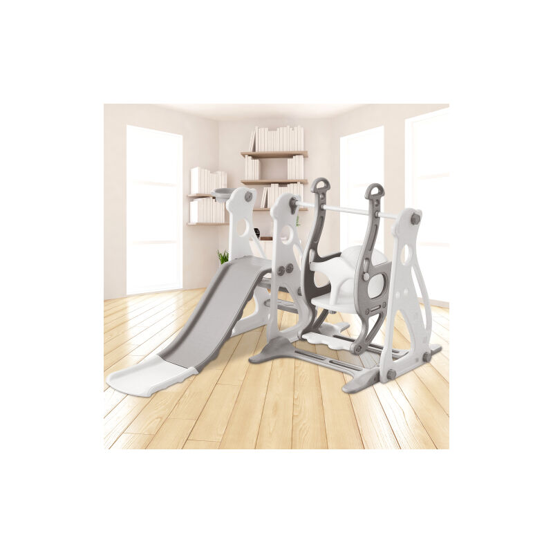 Sureh - Toboggan pour enfants 4 en 1 - Toboggan de jardin avec escalier, balançoire, rack de basket -Toboggan intérieur et extérieur - Gris