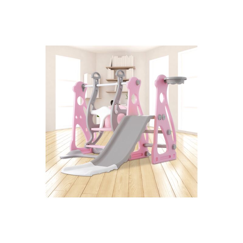 Toboggan pour enfants 4 en 1 - Toboggan de jardin avec escalier, balançoire, rack de basket -Toboggan intérieur et extérieur - Rose