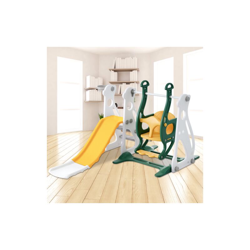 Sureh - Toboggan pour enfants 4 en 1 - Toboggan de jardin avec escalier, balançoire, rack de basket -Toboggan intérieur et extérieur - Vert antique