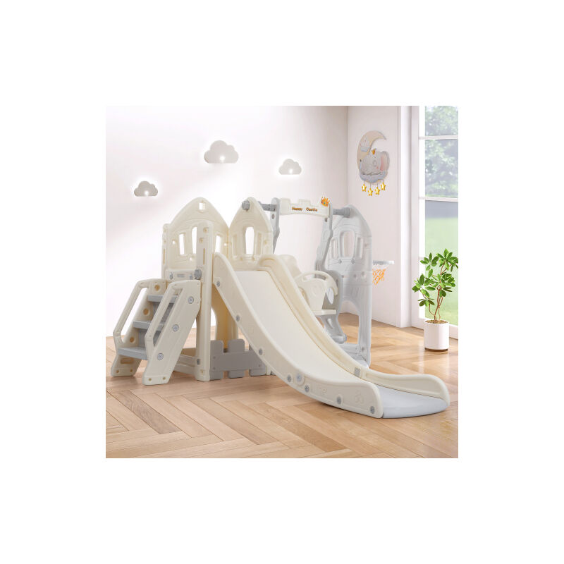 Toboggan pour enfants 5 en 1 - avec balançoire, glissière, escalade, espace de rangement, support de basket- Convient pour l'intérieur et l'extérieur