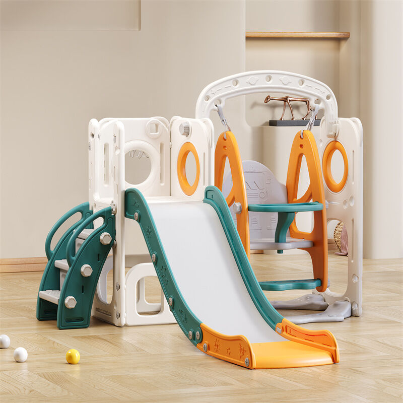 Toboggan pour enfants 5 en 1, avec toboggan, balançoire, compartiment, panier de basket, escalier, hdpe, vert