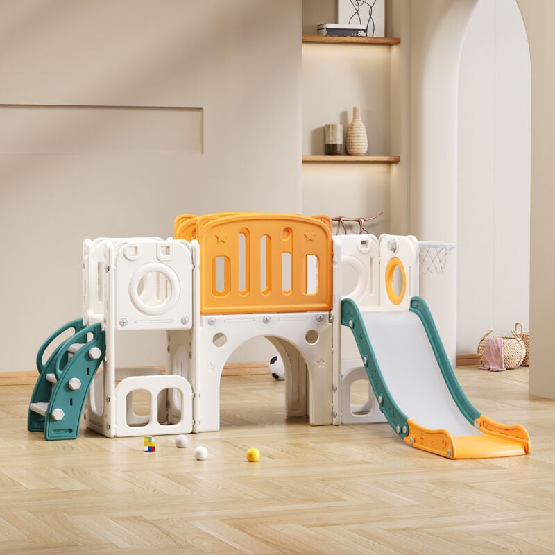 Okwish - Toboggan Bears Kids 6 en 1 avec un toboggan, deux plates-formes, deux compartiments d'armoire au sol, un panier de basket et des escaliers