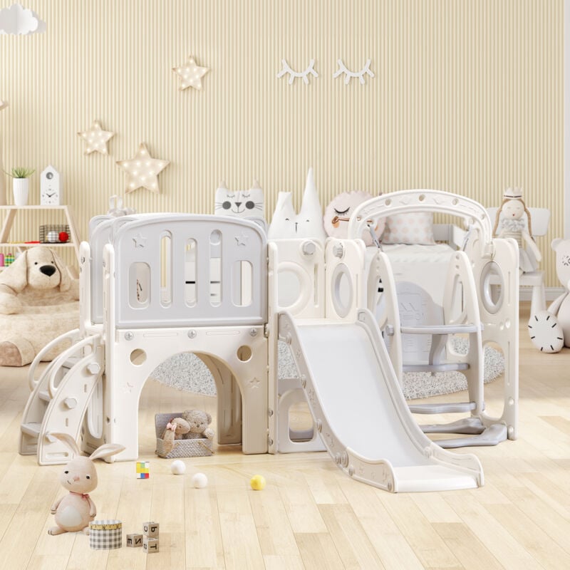 Toboggan pour enfants 7 en 1 avec balançoire, plateforme, jeu de punch, support de basket et escaliers, blanc