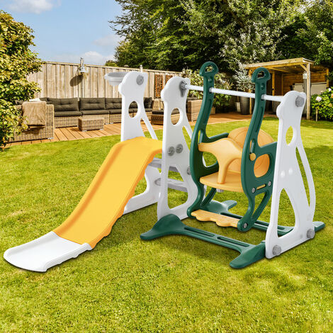 Toboggan pour enfants avec balançoire, toboggan, escaliers, panier de basket, 113x100x88,5-94,5 cm, vert