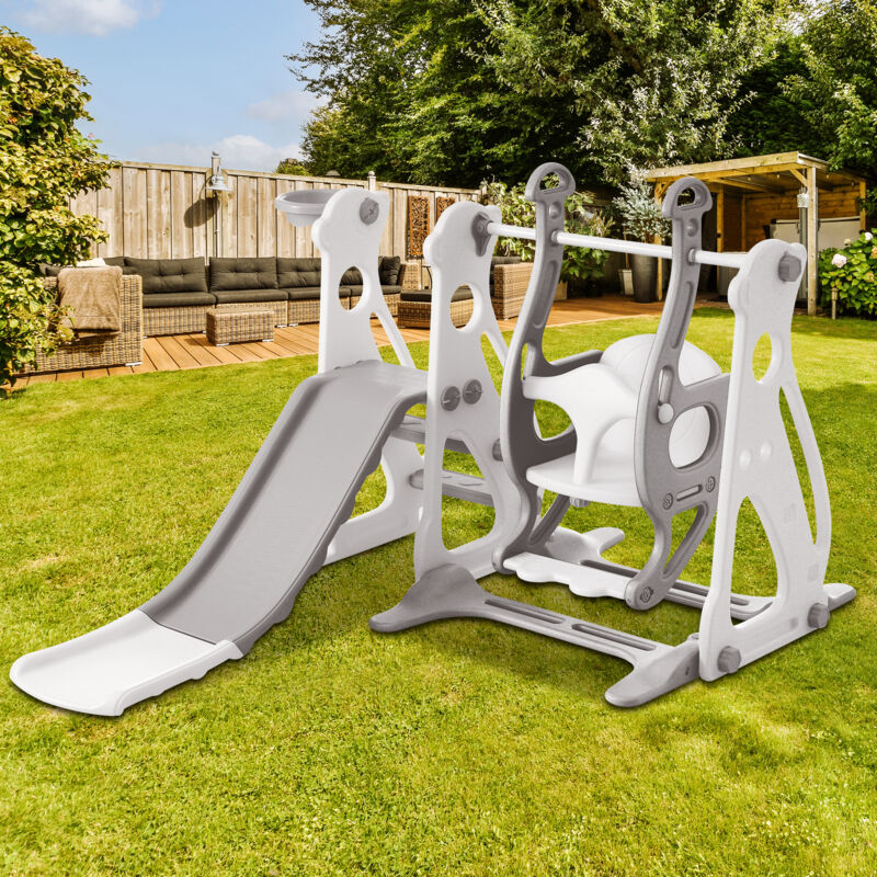 Toboggan pour enfants 4 en 1 avec cages d'escalier, balançoire, cadre de basket-ball, pour intérieur, blanc et gris