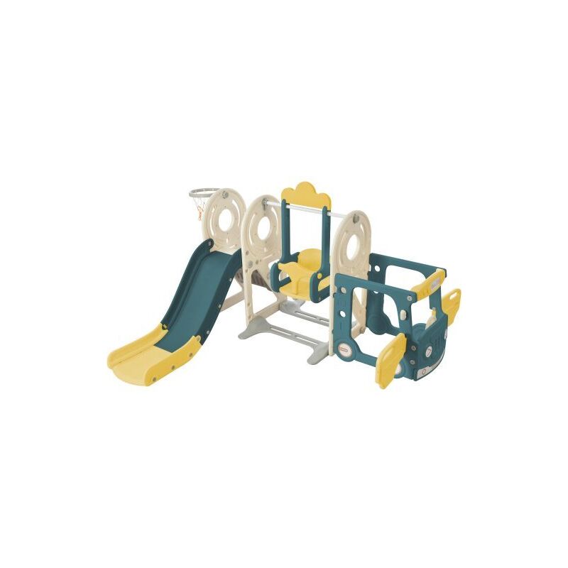 Toboggan pour enfants. Combinaison de toboggans pour enfants 5 en 1 avec bus, balançoire, toboggan, marchepied, panier de basket et ballon de basket
