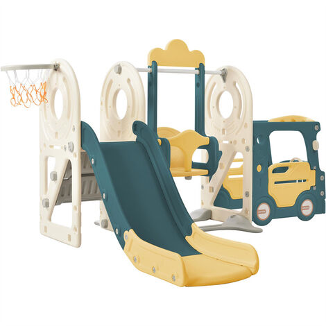 Toboggan pour enfants - Ensemble de toboggan 5 en 1 HDPE avec bus balançoire gissière basket-ball assorti pour Enfants 3-8 ans -