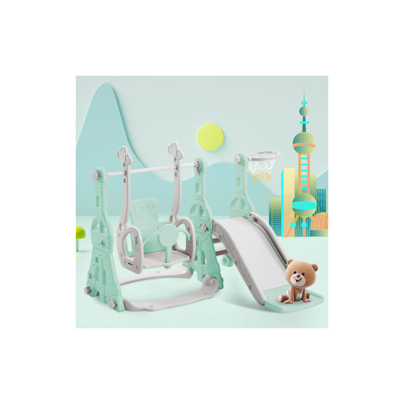 Toboggan pour enfants, toboggan pour enfants 4 en 1, balançoire avec support de basket - ball, escalade, balançoire intérieure et extérieure toboggan