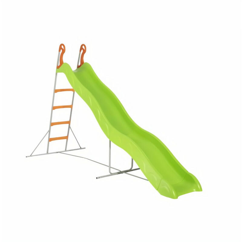 Trigano - Toboggan PYROU de 3,32m de glisse , coloris vert avec 4 echelons anti-dérapant coloris orange, structure métal coloris gris.