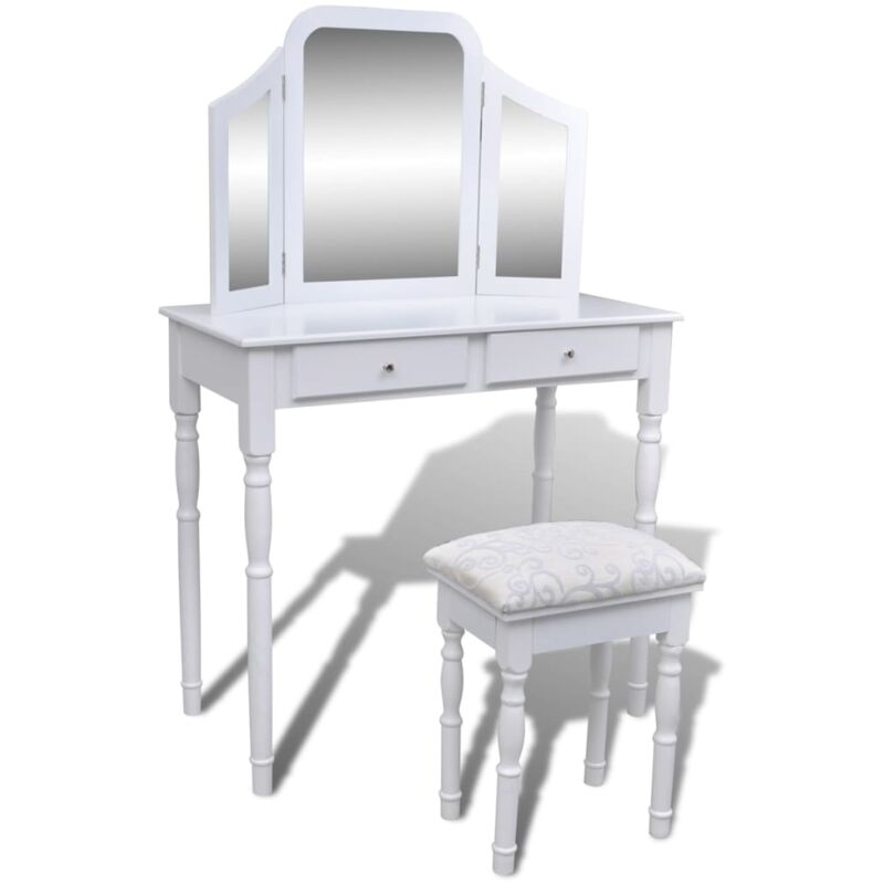 

vidaXL Tocador con espejo 3 en 1 taburete y 2 cajones blanco - Blanco