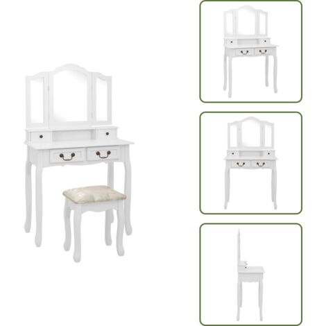 Tocador blanco - vidaXL Juego de tocador y taburete madera paulownia blanco 80x69x141cm - Tocador de paulownia