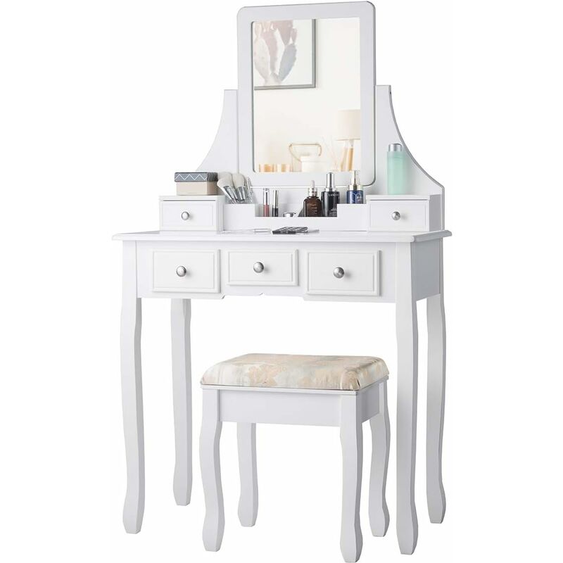 

COSTWAY Set de Tocador y Taburete Mesa de Maquillaje con Espejo Giratorio Mesa de Cosméticos Blanco y Beige
