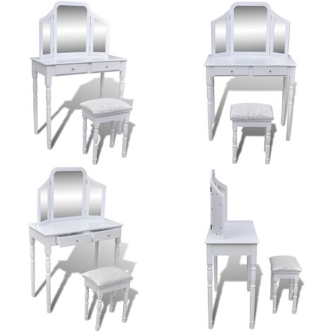 Tocador con espejo 3 en 1 taburete y 2 cajones blanco - Mesa con espejo - Taburete con espejo